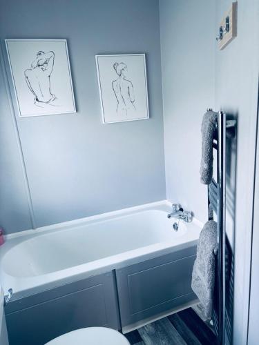 a bathroom with a tub and a toilet and drawings on the wall at Blairgowrie in Ballintuim