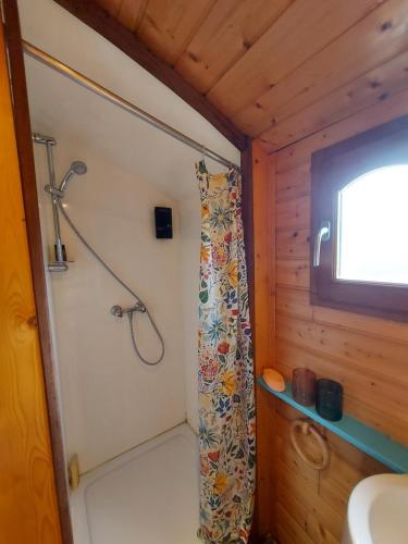 a bathroom with a shower with a shower curtain at La roulotte de Mouni in Gesves