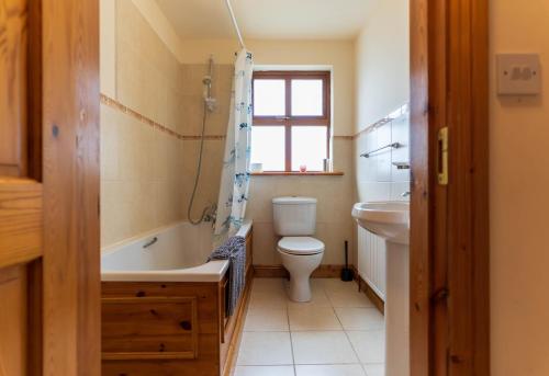 a bathroom with a toilet and a tub and a sink at Stonechat Cottage - Portmagee in Portmagee