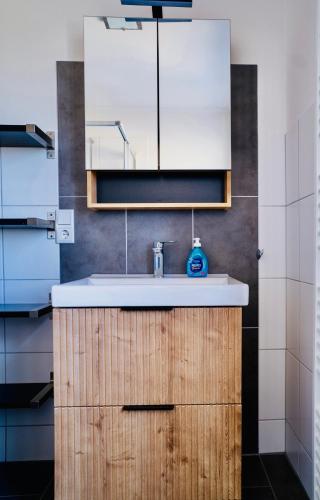 a bathroom with a sink and a mirror at Haus am Skilift Postwiese in Winterberg