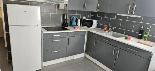 a kitchen with gray cabinets and a white refrigerator at Appartement près des Grands Buffets climatisé in Narbonne