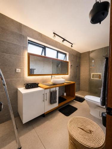 a bathroom with a sink and a mirror and a toilet at Villa Ptit Bouchon - En face de la Plage - Facing beach with Ocean views in Bouchon