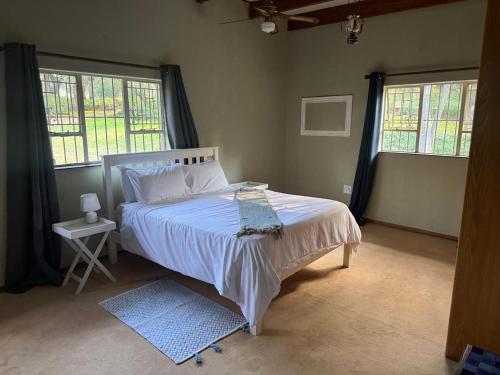 a bedroom with a bed and two windows at Shamwari Guesthouse in Kalkheuvel