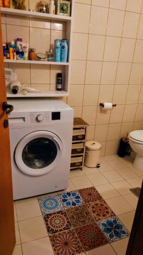 a washing machine in a bathroom with a toilet at Mistatos Häuser "Fabrica" in Pévkoi