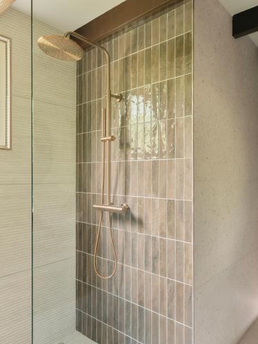 a shower with a glass door in a bathroom at Yasu Stay Sonnevijver Rekem in Lanaken