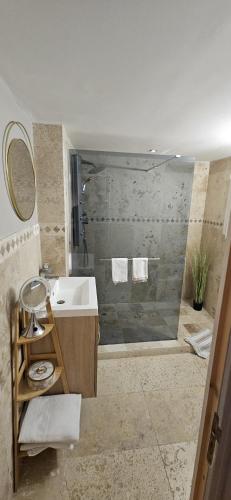 a bathroom with a sink and a shower at Charmante et Chaleureuse petite maison in Châteauneuf-du-Pape