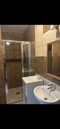 a bathroom with a sink and a shower at Pokoje u podnóży Karkonoszy in Borowice