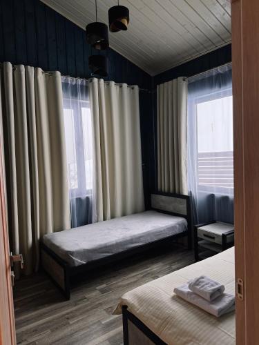 a bedroom with two beds and two windows at Гимба in Podobovets