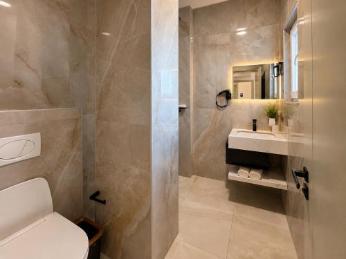 a bathroom with a shower and a toilet and a sink at Domi Drymades in Dhërmi