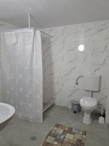 a bathroom with a white shower curtain and a toilet at CASA ROTARU in 2 Mai