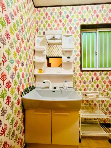 a bathroom with a sink and a mirror at チェックアウトは11時コテージそら豆ん家 in Nasu