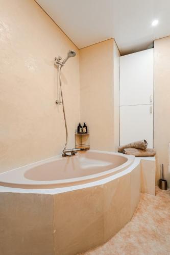 eine große Badewanne in einem Raum mit Dusche in der Unterkunft Nid face au MontBlanc - 55m2 de charme in Sallanches