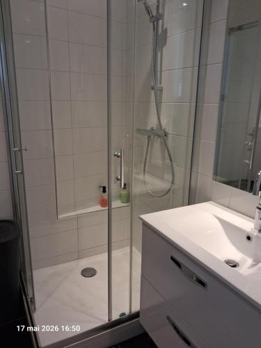 a shower with a glass door in a bathroom at appartement centre ville in Souillac