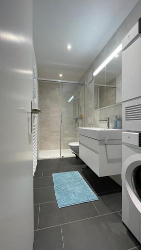 a white bathroom with a sink and a shower at a knight's townhouse in Büren an der Aare