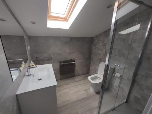 a bathroom with a toilet and a sink and a shower at Villa Playa del Silencio in Castañeras