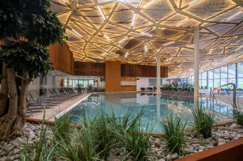 a pool in a building with a wooden ceiling at Rezort Gothal Apartmány a Penzióny in Donovaly