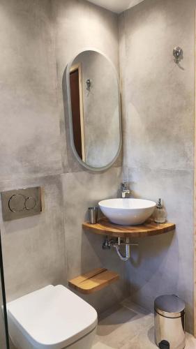 a bathroom with a sink and a toilet and a mirror at Saint Andrews Bay in Milina