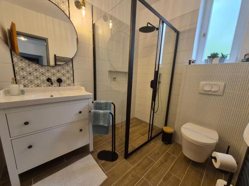 a bathroom with a shower and a sink and a toilet at Annushka Apartman in Sarud