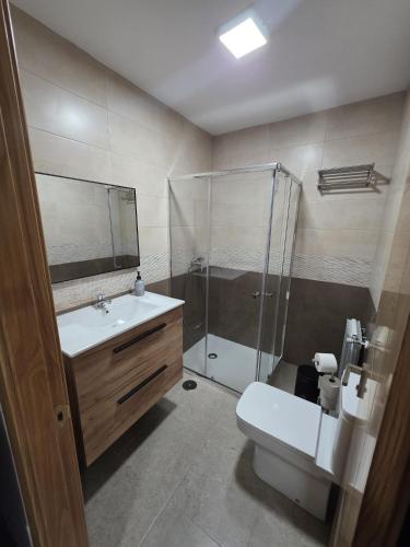 a bathroom with a shower and a toilet and a sink at Alojamientos ADRIMAR in Arnuero