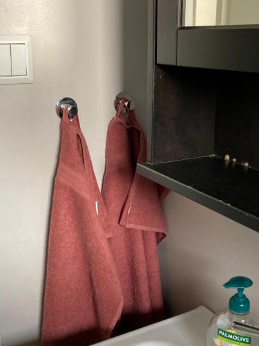 two red towels hanging on a rack in a bathroom at Känslans in Årjäng