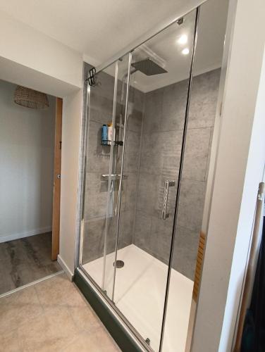 a shower with a glass door in a bathroom at Gite de la perle rouge in Rodelinghem