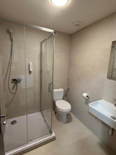 a bathroom with a shower and a toilet and a sink at Slavia penzion in Mikulov