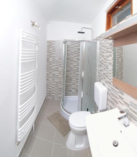 a bathroom with a toilet and a shower and a sink at La Siesta Bogács Apartman in Bogács