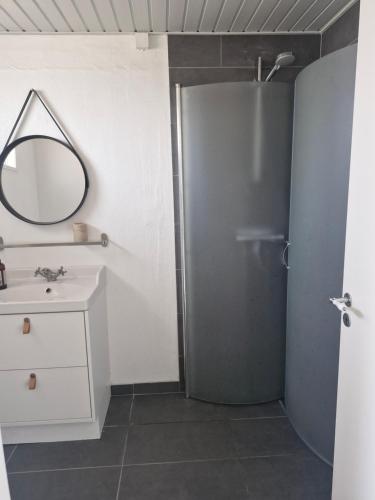 ein Badezimmer mit Waschbecken, Spiegel und Dusche in der Unterkunft Walnuss in Nylarskirke