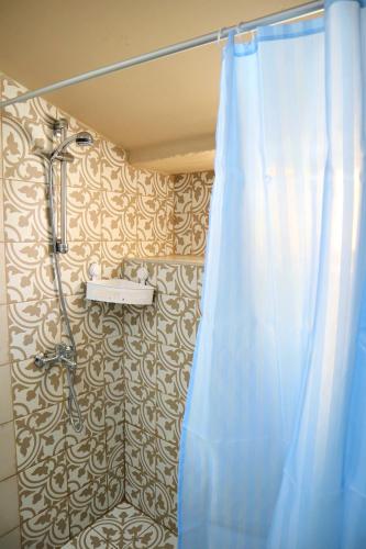 a shower in a bathroom with a blue curtain at The Nest in Astris