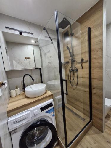 a bathroom with a shower and a washing machine at Apartmán Grand in Partizánske