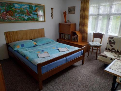 a bedroom with a bed and a desk and a chair at Chalupa Na Křemence in Třinec