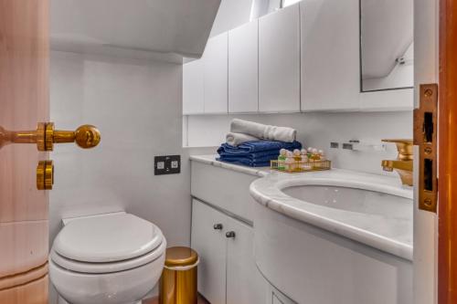 a white bathroom with a toilet and a sink at Yacht FALCON FIVE in Cannes