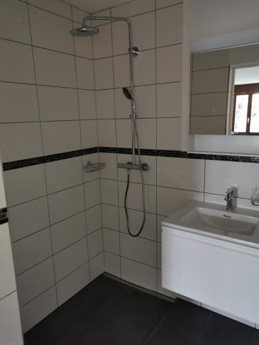 a bathroom with a shower and a sink at Gästezimmer in einen Einfamilienhaus in Rudolfstetten