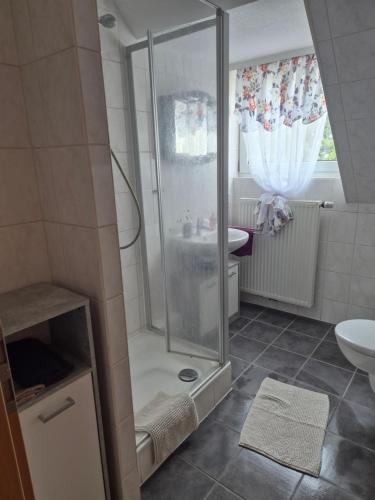 a bathroom with a shower and a sink at Familienwohnung Bella in Pirmasens