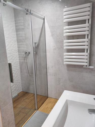a bathroom with a shower and a white bath tub at Apartament DobraNocka in Ściegny