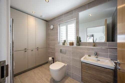 a bathroom with a toilet and a sink and a mirror at Jurassic in Dorchester