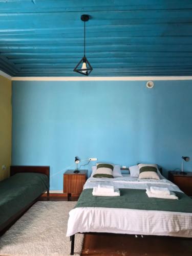 a bedroom with a bed with a blue wall at Noosh Ashnak guesthouse in Ashnak