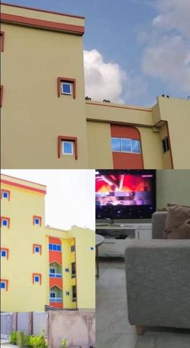 a collage of a building with a tv and a couch at Résidence Hôtel KOUNAF GROUP in Parakou
