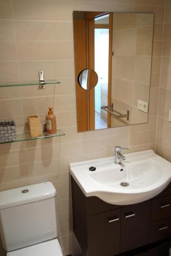 a bathroom with a sink and a toilet and a mirror at PLAYASDEBARREIROs in San Miguel de Reinante