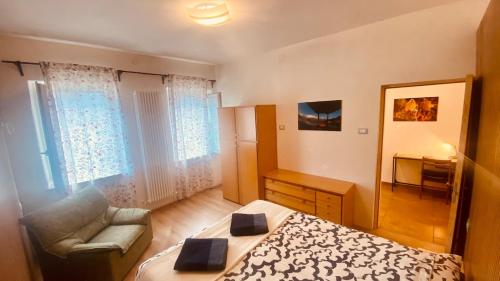 a bedroom with a bed and a chair and a mirror at villa Ada apartment in Cercivento