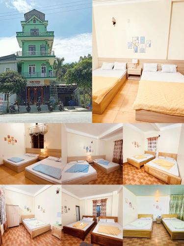 a collage of photos with beds and a building at Sơn Tùng House in Quang Ninh