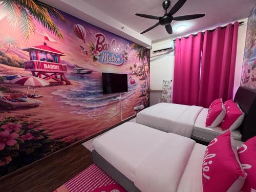 a bedroom with two beds and a wall with a mural at K Avenue by Stay & Unwind Suites in Donggongon