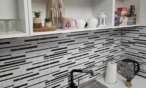 a kitchen with black and white tile on the wall at Stan na dan Bosanska Krupa in Bosanska Krupa