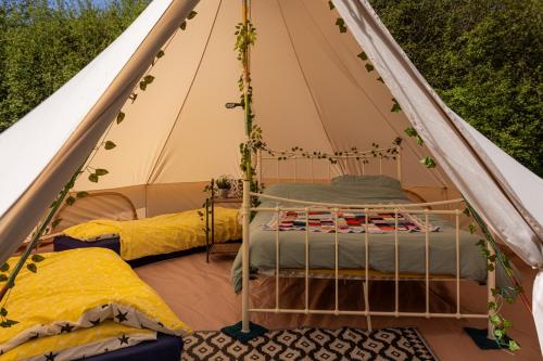 a tent with two bunk beds in it at Battle Pods and Bells Glamping in Battle
