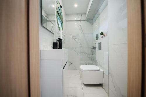 a white bathroom with a toilet and a mirror at Karnayo II in Keramoti
