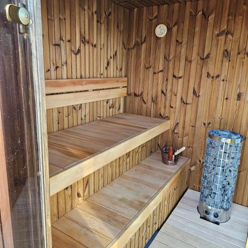 a wooden sauna with two wooden shelves in it at REZi Cabin in Krogzemnieki
