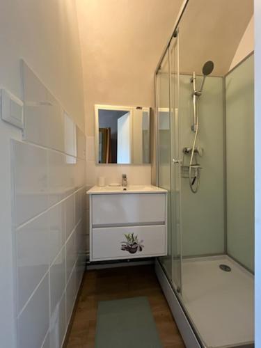a white bathroom with a sink and a shower at voute atypique 40 m2 in Montaigut-le-Blanc
