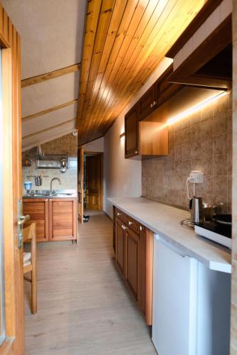 a kitchen with wooden cabinets and a counter top at Casa dello Scoiattolo in Bieno