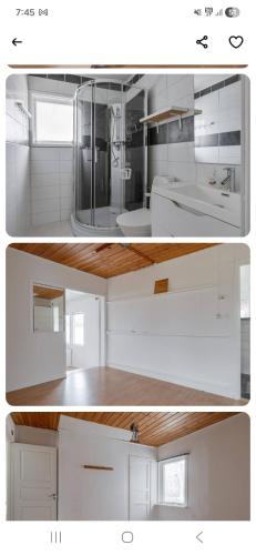 zwei Bilder einer weißen Küche mit Spüle in der Unterkunft Hok Gård in Hok
