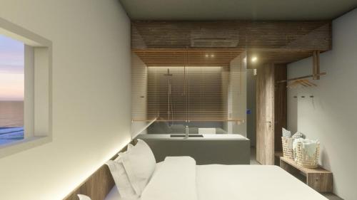 a bedroom with a white bed and a sink at Rucha Beachfront Retreat in Ấp An Lộc A